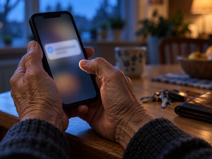 Mani anziane tengono uno smartphone con una notifica