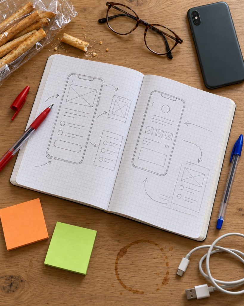 Quaderno a quadretti con appunti, penna rossa e smartphone