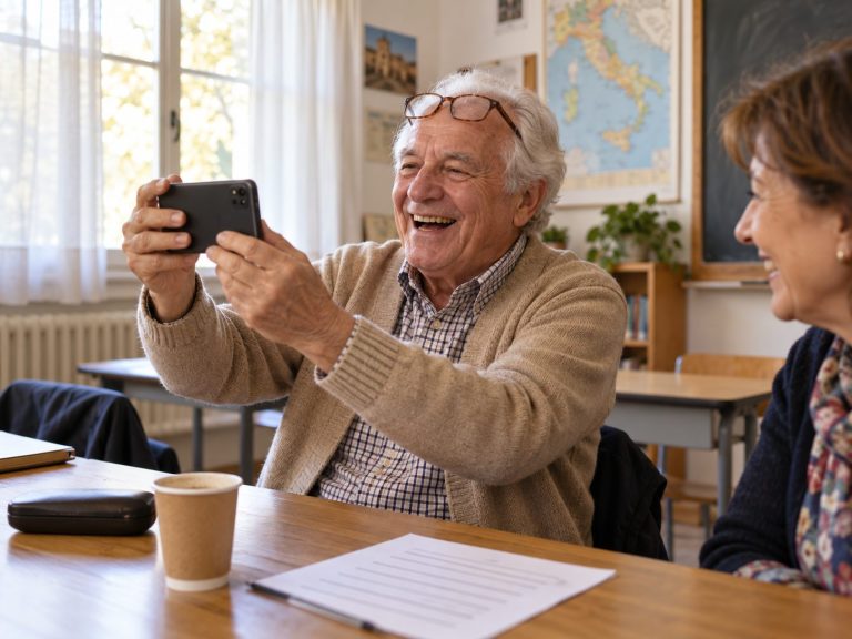 Signore di 71 anni ride durante una videochiamata in classe