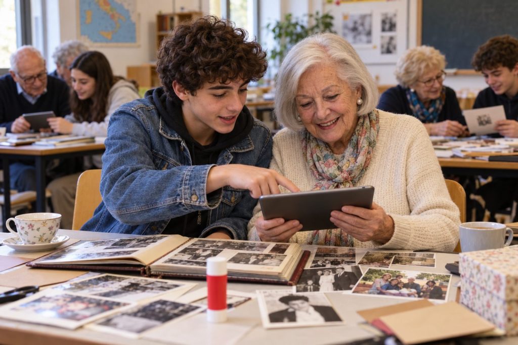 Ragazzo e signora lavorano insieme su un tablet
