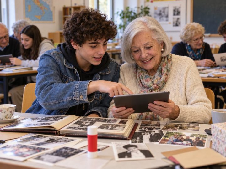 Ragazzo e signora lavorano insieme su un tablet