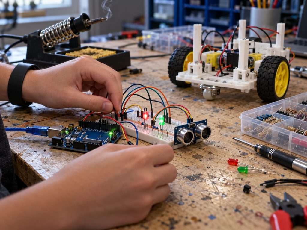Banco del laboratorio di robotica con scheda e breadboard