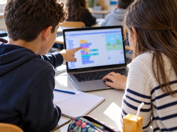 Due ragazzi programmano con i blocchi di Scratch
