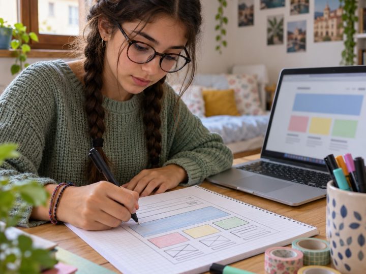 Ragazza disegna il layout del suo primo sito web