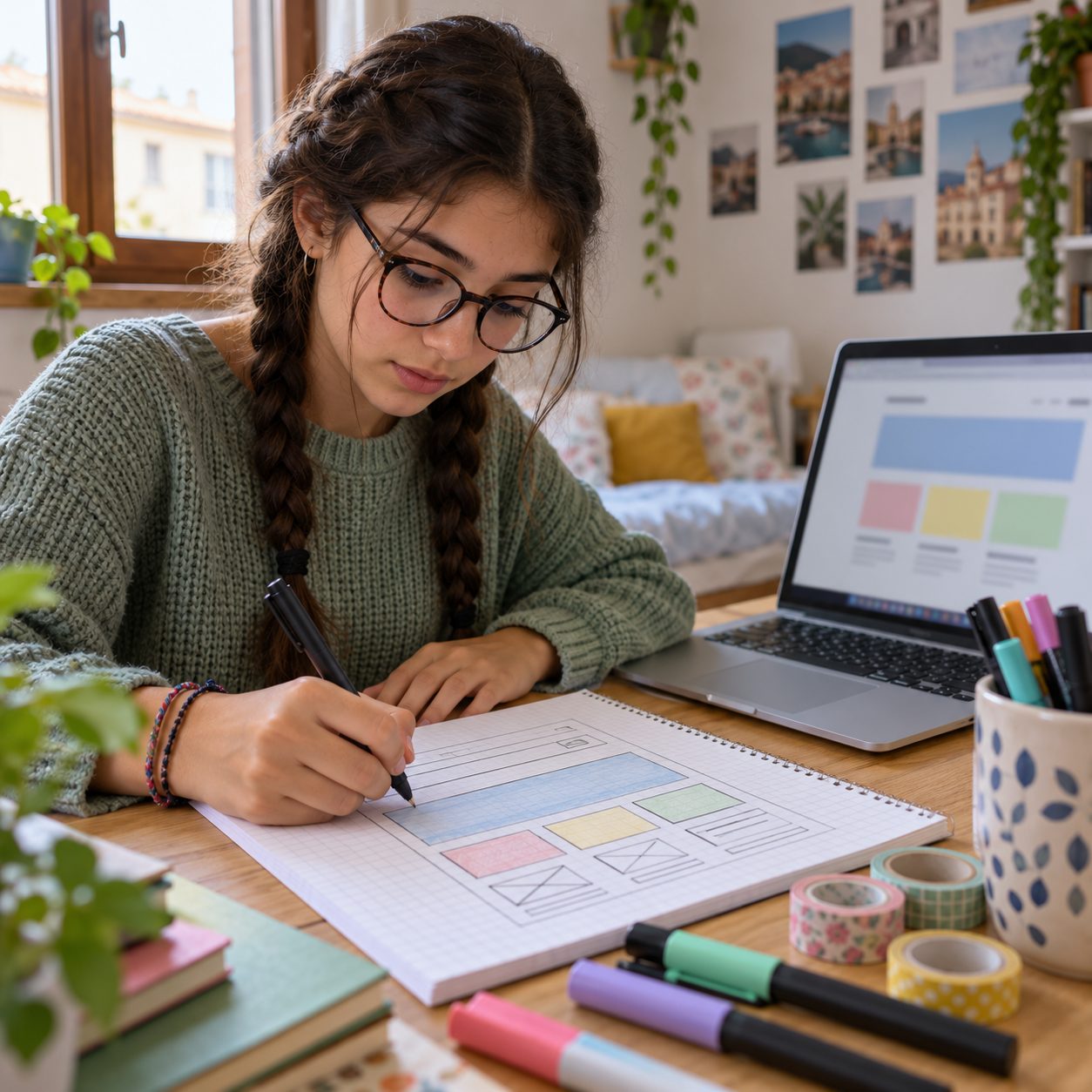 Ragazza disegna il layout del suo primo sito web