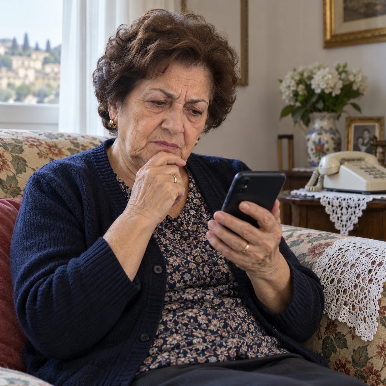 Signora guarda con sospetto un messaggio sul telefono