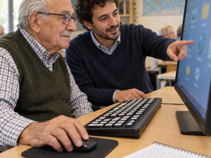 Signore usa il mouse con l'aiuto del docente