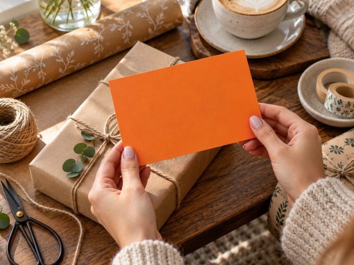 Carta regalo arancione tra carta da pacchi